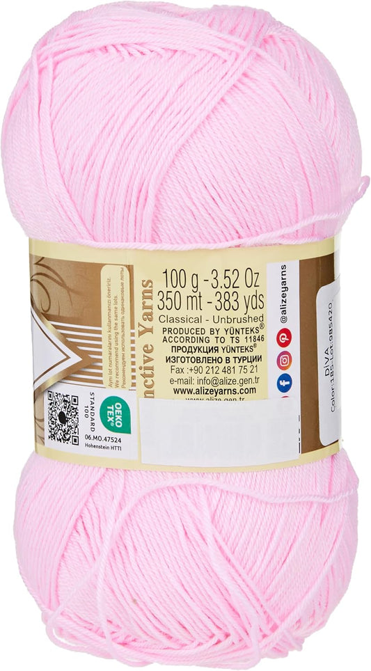 Alize Diva Silk Effect 100% Microfiber Acrylic Yarn 1 Ball skeins 100gr 383yds Color (185 - Baby Pink)