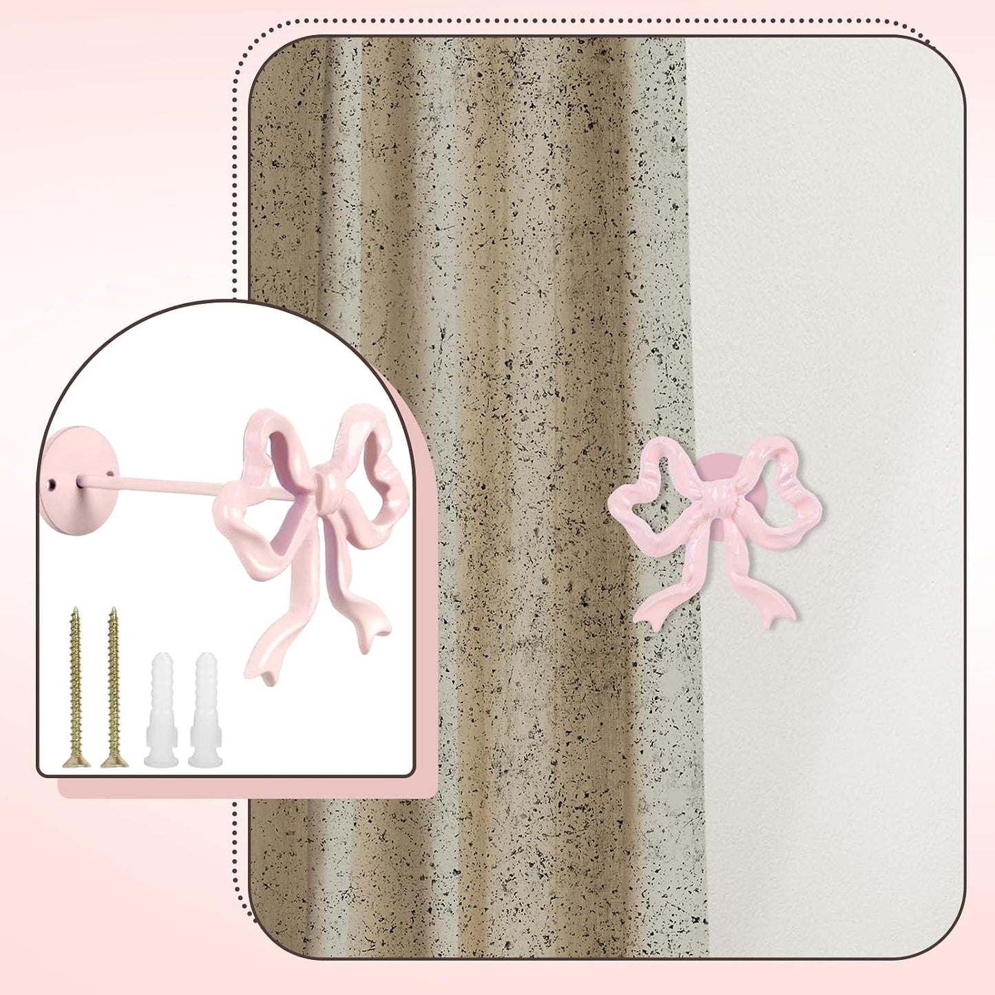 Whaline 2Pcs Valentine' s Day Pink Bow Curtain Holdbacks Wall Mounted Bow Knot Curtain Hold Backs Coquette Metal Holders for Home Office Living Room Bedroom Decor