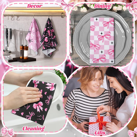 Bencailor 6 Pcs Pink Bow Kitchen Towels Decorative Sets Dish Towels Absorbent Fast Drying Hand Tea Vintage Hanging Reusable Cleaning Dishcloths for Cooking Farmhouse Bathroom Accessory