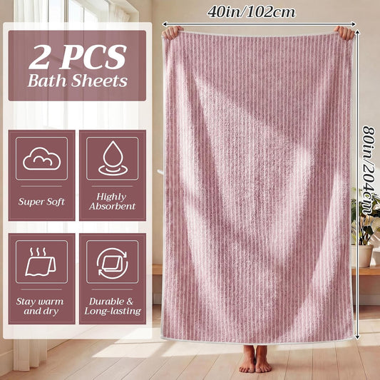 2 Pack Oversized Bath Towels 40 x 80 in Coral Fleece Extra Large Pink and White Striped Bath Sheets Microfiber Quick Dry Absorbent Shower Towel for Beach Pool Hotel Bathroom Spa Gym