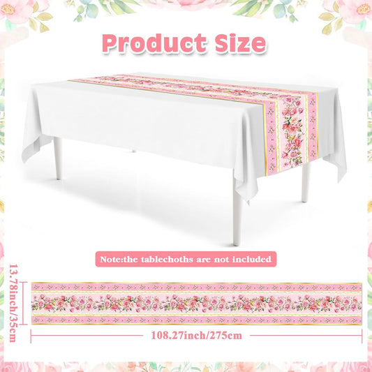6Pcs Pink Flower Table Runner Tea Party Decorations Disposable Plastic Table Runner for Summer Spring Birthday Wedding Holiday Kitchen Decoration,108x14In(Pink)