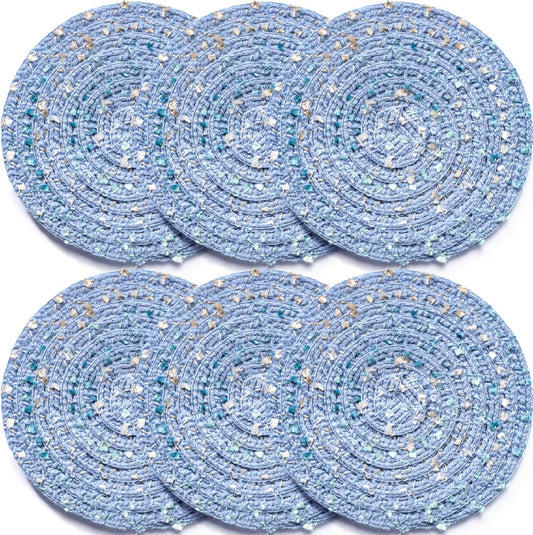 Bar Coasters Set of 6,Cotton Coasters for Drinks,Boho Coasters Pink Cup Coaster Table Coaster for Coffee, Bars,Home and Decorative Furniture 4.3 Inch (Blue)