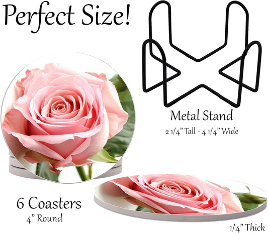Roses Pink Rose Round Coasters Set of 6 - Abosrbent Ceramic Coasters with Metal Stand for Drinks, Coffee, Non-Slip Cork Back for Tabletop Protection, 4 Inches (Pink)
