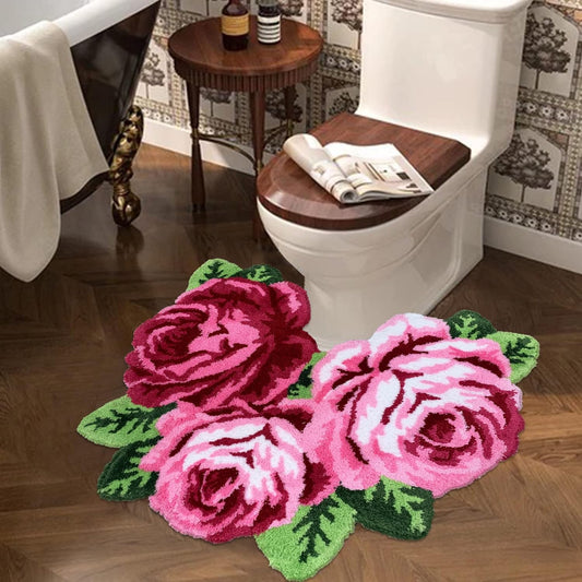 ABREEZE Rose Shaped Rug Pink Luxury Shaggy Toilet Bath Mat U-Shaped Contour Rugs for Bathroom, Soft and Comfortable, Maximum Absorbent, Dry Quickly, Non-Slip, Machine-Washable