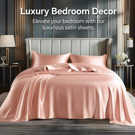 BEDELITE Satin Sheets Queen Size Bed Set, Luxury Soft Coral Pink Silky Sheets for Hair and Skin, Similar to Silk Bed Sheet Set 4 Pieces with 1 Deep Pocket Fitted Sheet, 1 Flat Sheet, and 2 Pillowcases