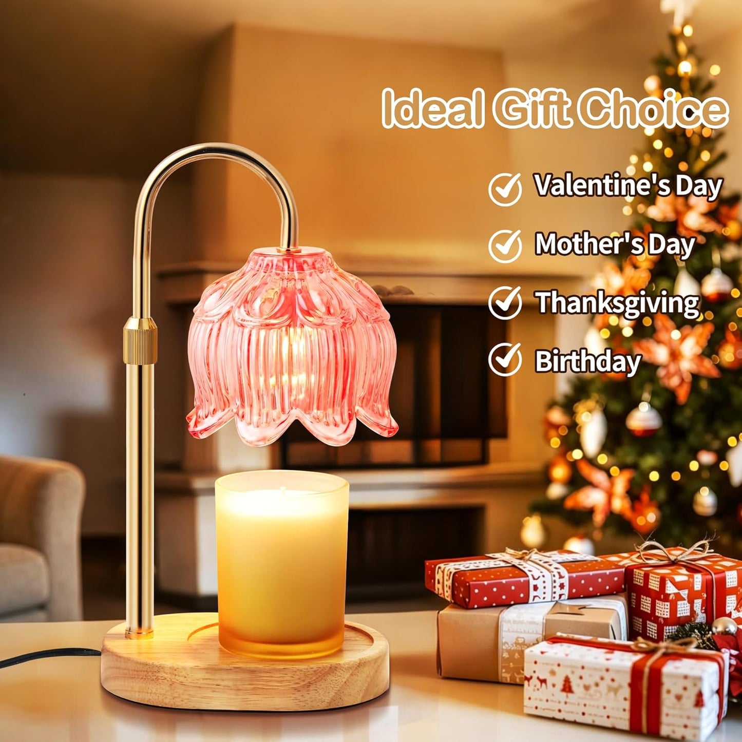 Flower Candle Warmer Lamp for Jar Candles with Timer & Dimmer, Adjustable Height Fits Large Jars up to 7.08" Tall, Flameless Wax Warmer, Cozy Bedroom Home Decor, Gift for Mom Women,Pink