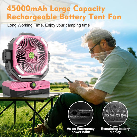 RUNTOP 45000mAh Large Battery Operated Fan, High Speed Oscillating Camping Fan with Remote,Quiet Adjustable Tilt Rechargeable Fans, Battery Powered fansfor Tent Home Office, Bedroom Travel (Pink)