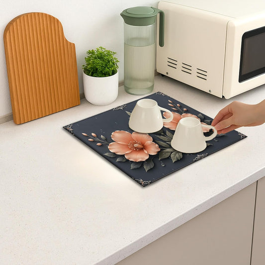 Peach Floral Dish Drying Mats for Kitchen Counter, Vintage Absorbent Dish Drainer Rack Mat, Rustic Microfiber Drying Pad for Home Decor 16x18 Inch