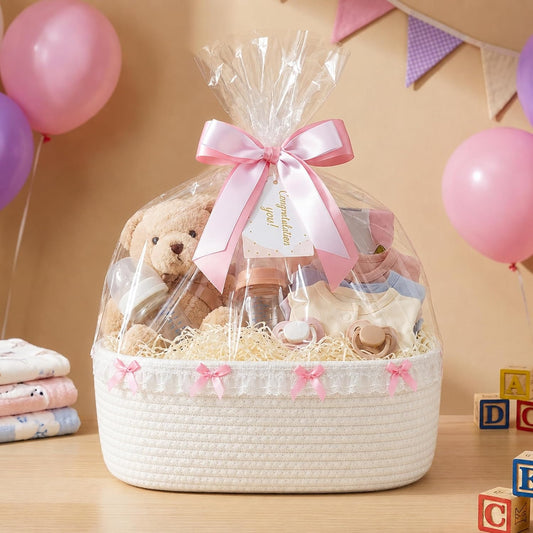 Cute Basket for Gifts Empty, 12"x 8"x 5" Coquette Woven Rope Gift Baskets White Lace Rectangle Shelf Organizer Storage Bins for Nursery, Baby Shower, Toy Organizing