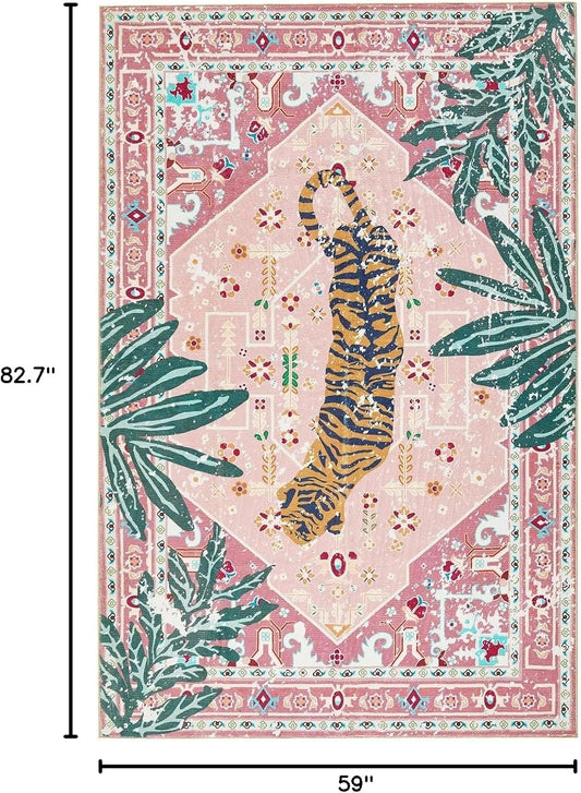 Washable Pink Rugs Boho Vintage Tropical Jungle 5x7 Area Rugs Jungle Oriental Carpet for Bedroom Kitchen Dining Living Room Office Distressed Indoor Cute Nursery Rug