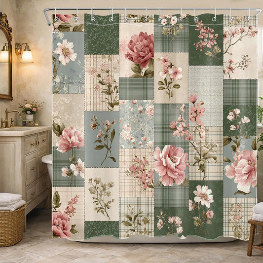 Retro Floral Patchwork Shower Curtain for Bathroom, Pink and Green Flower Vintage Plaid Country Cottage Core Bathroom Decor Curtains with 12 Hooks,72W X 72L inches