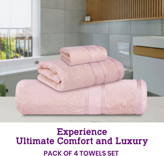 Casa Lino 100% Cotton Bath Towels Set of 4 (1 Bath Towel, 1 Hand Towel & 2 Wash Cloths) - Bathroom Towels and Washcloths Set - Complete Bathroom Set - Guest Room Essentials - (Blush Pink)
