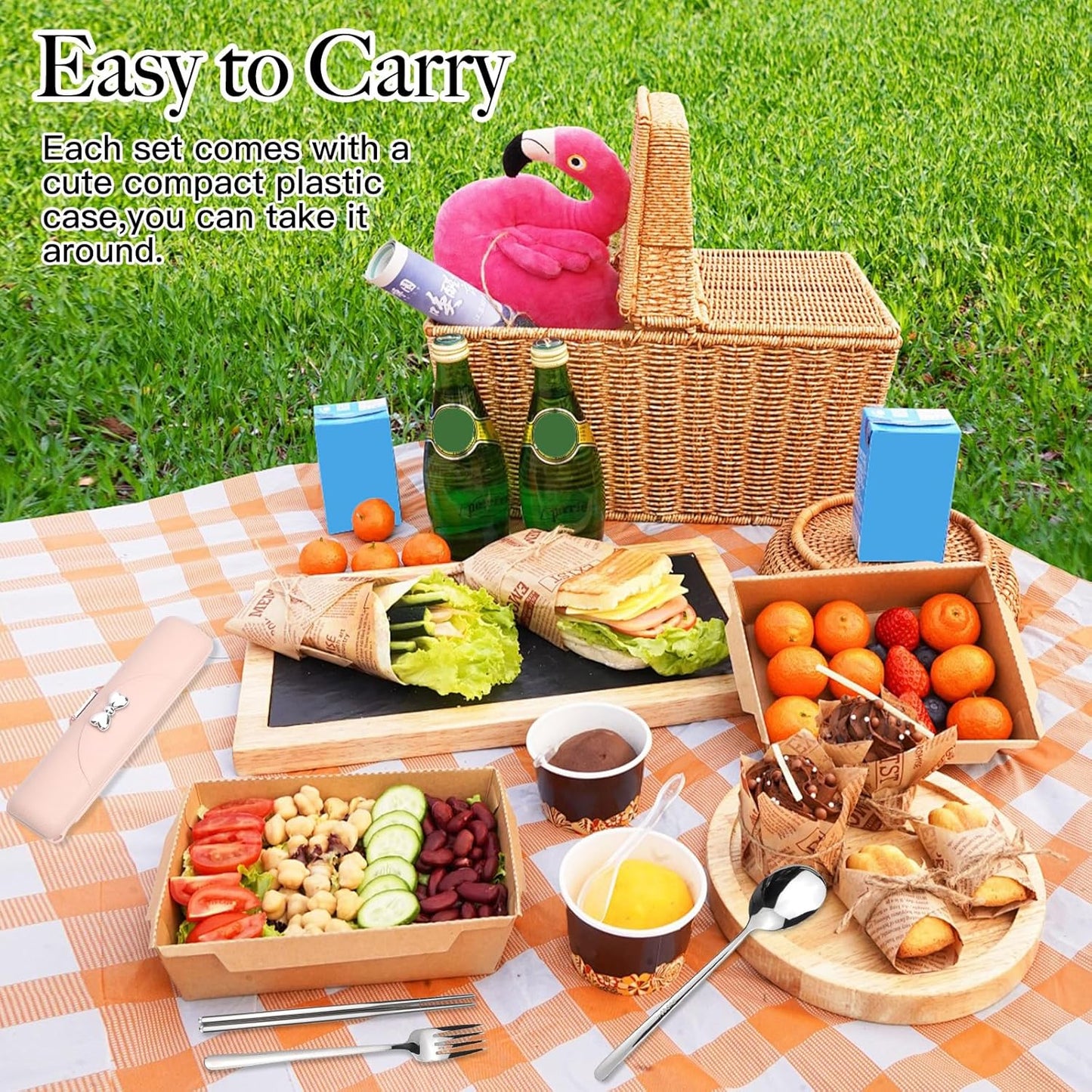 Travel Utensils with Case, Reusable Silverware Set for Lunch Box,Portable Cute Cutlery Set Adult, 18/8 Stainless Steel Spoon Fork Chopsticks for Work, Camping, Picnic, Dishwasher Safe(Pink)