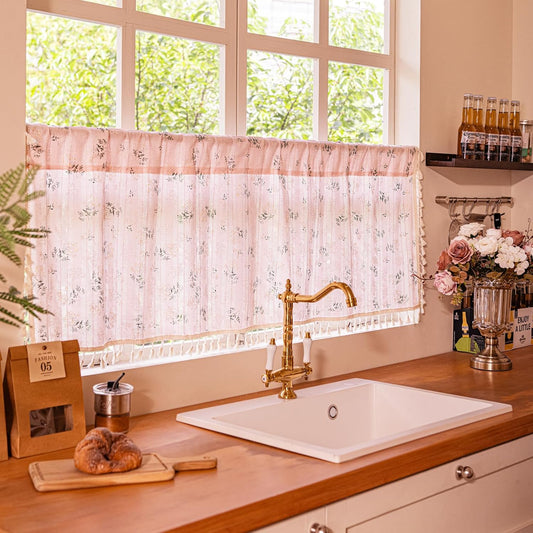 Deeprove Boho Valance Short Curtain Printed 18 inch for Closet Kitchen Shelf RV, Cotton Farmhouse Tassels Vintage Window Bohemian Whimsical Drape Decor Rod Pocket 1 Panel 52 W x 18 L, Peach Pink