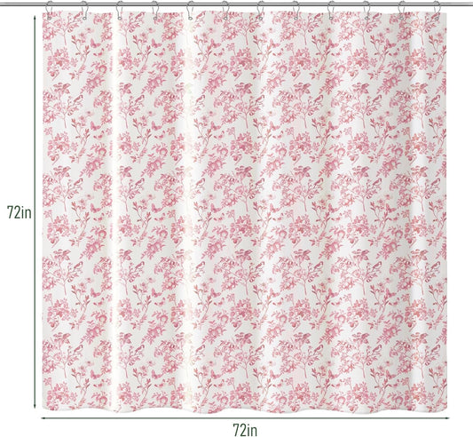 Valentine’s Day Pink Shower Curtain Set, Romantic Cottagecore Floral Shower Curtains for Bathroom, French Country Bird & Fruit Pattern, 72" x 72"