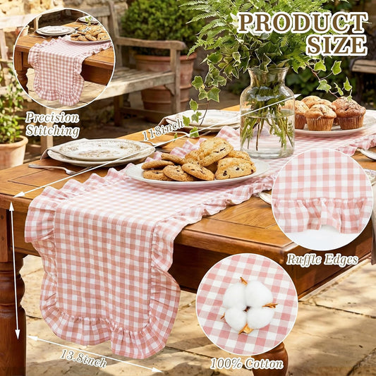 HunnmingRe 1 Pcs Light Pink Plaid Gingham Ruffle Table Runner 118 x 13.8'' Farmhouse Table Runner 100% Cotton Scalloped Long Dresser Scarves for Mother’s Day Dining Room, Wedding, Rustic Home Decor