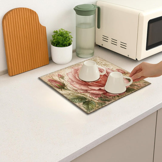 Vintage Peach Floral Dish Drying Mats for Kitchen Counter, Rose Absorbent Dish Drainer Rack Mat, Spring Microfiber Drying Pad for Coffee Bar Protector 16x18 Inch
