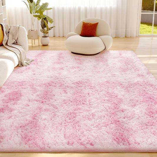Litanika 5x8 Fluffy Shag Faux Fur Area Rug for Living Room Bedroom, Tie-Dyed Pink High Pile Soft Plush Shaggy Furry Bedside Playroom Dorm Carpet, Non-Slip, Non-Shedding Modern Indoor Floor Rug