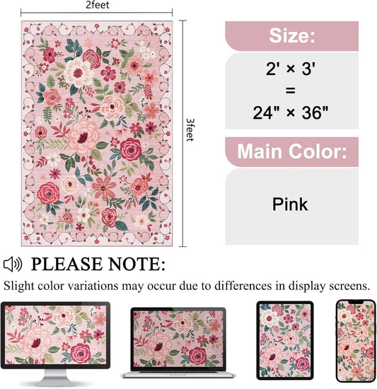 DUKINO 2x3 Rugs for Entryway, Floral Indoor Washable Door Mat, Non Slip Boho Small Rug for Kitchen, Soft Low Pile, Front Door Throw Rug for Entrance, Bedroom, Kitchen, Laundry, Bathroom, Pink