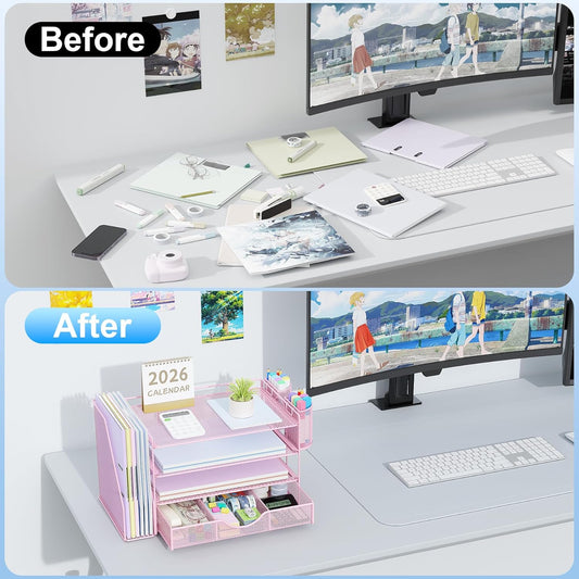 gianotter Desk Organizers and Accessories with File Holder, 4-Tier Desk Accessories & Workspace Organizers with Drawer and 2 Pen Holder, Paper Organizer for Office Supplies (Pink)