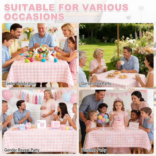 OUTCREATOR Gingham Vinyl Tablecloth with Flannel Backing, Waterproof Round Table Cloth, Wipeable Plastic Buffalo Plaid Table Cover for Kitchen Dining, Camping,Indoor and Outdoor(60", Pink and White)