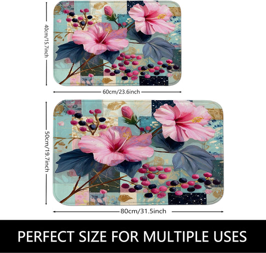 Floral Pattern Quick Dry Bath Mat, Elegant Peach Flowers Artistic Absorbent Non Slip Shower Mat, Spring Memory Foam Washable Bath Rugs for Bathroom Toilet Restroom Decorative 20x32 Inch
