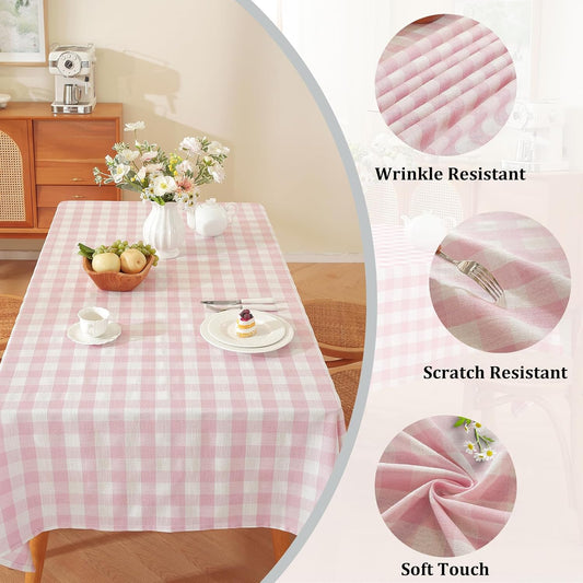 Alsoo Pink Gingham Tablecloth Square Checkered Table Cloth Cotton Linen Fabric Wrinkle Free Washable Buffalo Plaid Table Cover for Kitchen Dining Picnic Camping, 60 * 60 inch