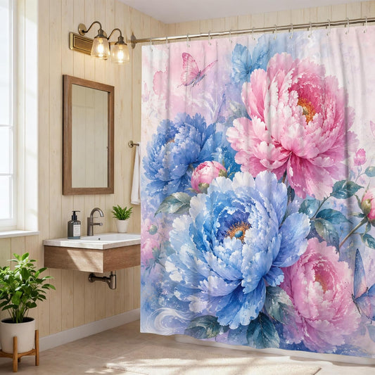 Peony Shower Curtain, Floral Elegant Butterfly Leaf Spring Peach Waterproof Fabric Toile Cloth Shower Curtains for Home Bathroom Toile Hotel Decor 72x78 Inch