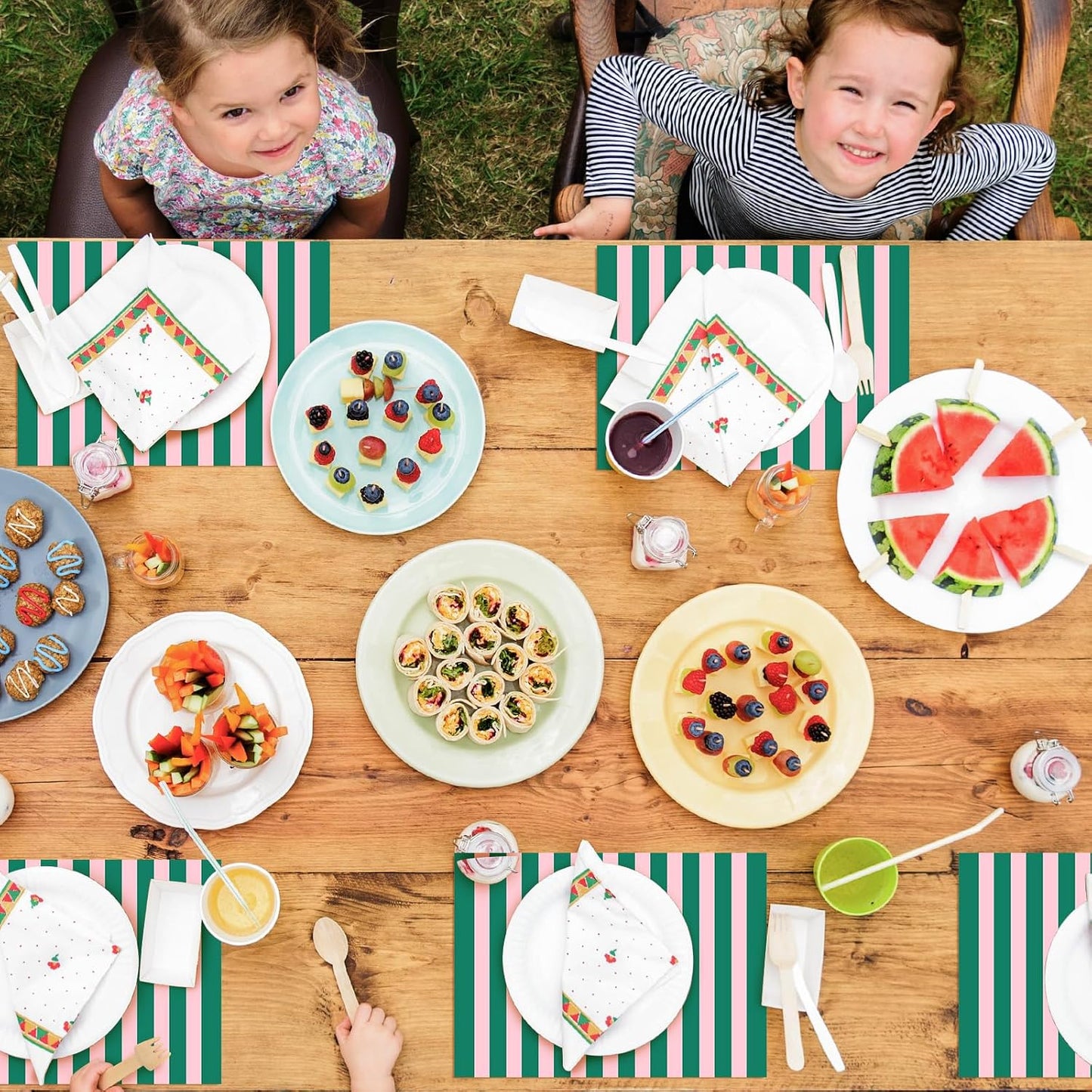 Whaline 50Pcs Stripe Paper Placemats Disposable Table Mat Green Pink Cabana Stripe Decorative Place Mats for Birthday Wedding Party Decor Dining Table Setting, 10 x 14 Inch