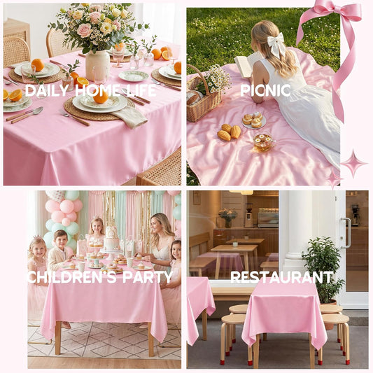 4 Pack Pink Satin Tablecloth 58 x 102 Inches, Rectangular Satin Table Cloths for Wedding Reception, Birthday Party, Graduation & Holiday Banquet Tables