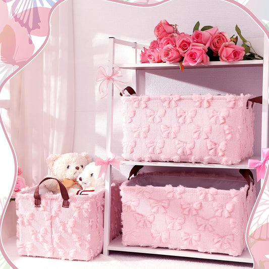 Kathfly 3 Pcs Bow Foldable Storage Baskets Pink Bow Plush Faux Fur Jacquard Design Laundry Basket with Handles Waterproof Storage Bins Fabric Shelf Baskets for Organizing Closet Clothes