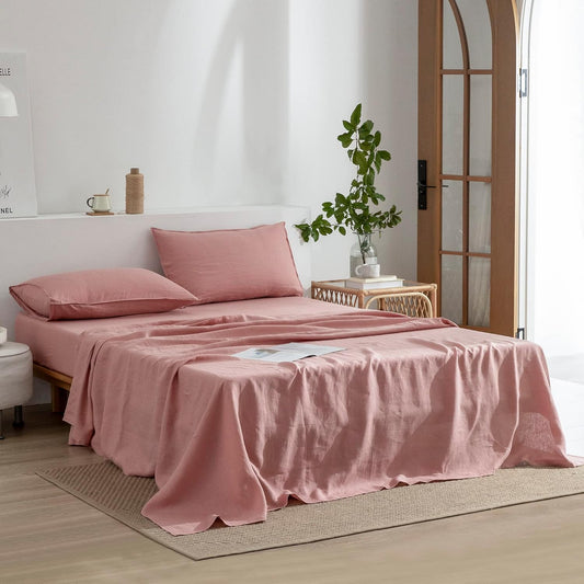 EVERLY Linen Queen Sheets Set, 100% Stonewashed French Linen Bed Sheets Deep Pocket Sheets, 4 Pieces (1 Flat Sheet, 1 Fitted Sheet, 2 Pillowcases) Natural Flax Bedding Set,Pink