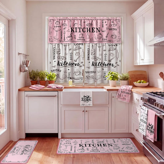 Fourluoo 13 Pcs Pink Kitchen Decor Set 4 Black Kitchen Towels 2 Cute Nonslip Rugs and Mats 3 Modern Curtains Valance 2 Pot Holders 2 Oven Mitts for Home Decoration Mom Cooking Grilling Gift