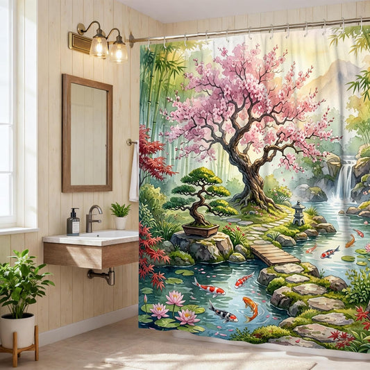 Cherries Blossom Shower Curtain, Zen Nature Carp Fish Bonsai Tree Spring Peach Waterproof Fabric Clawfoot Tub Shower Curtains Decor for Bathroom Guest Room 72x78 Inch