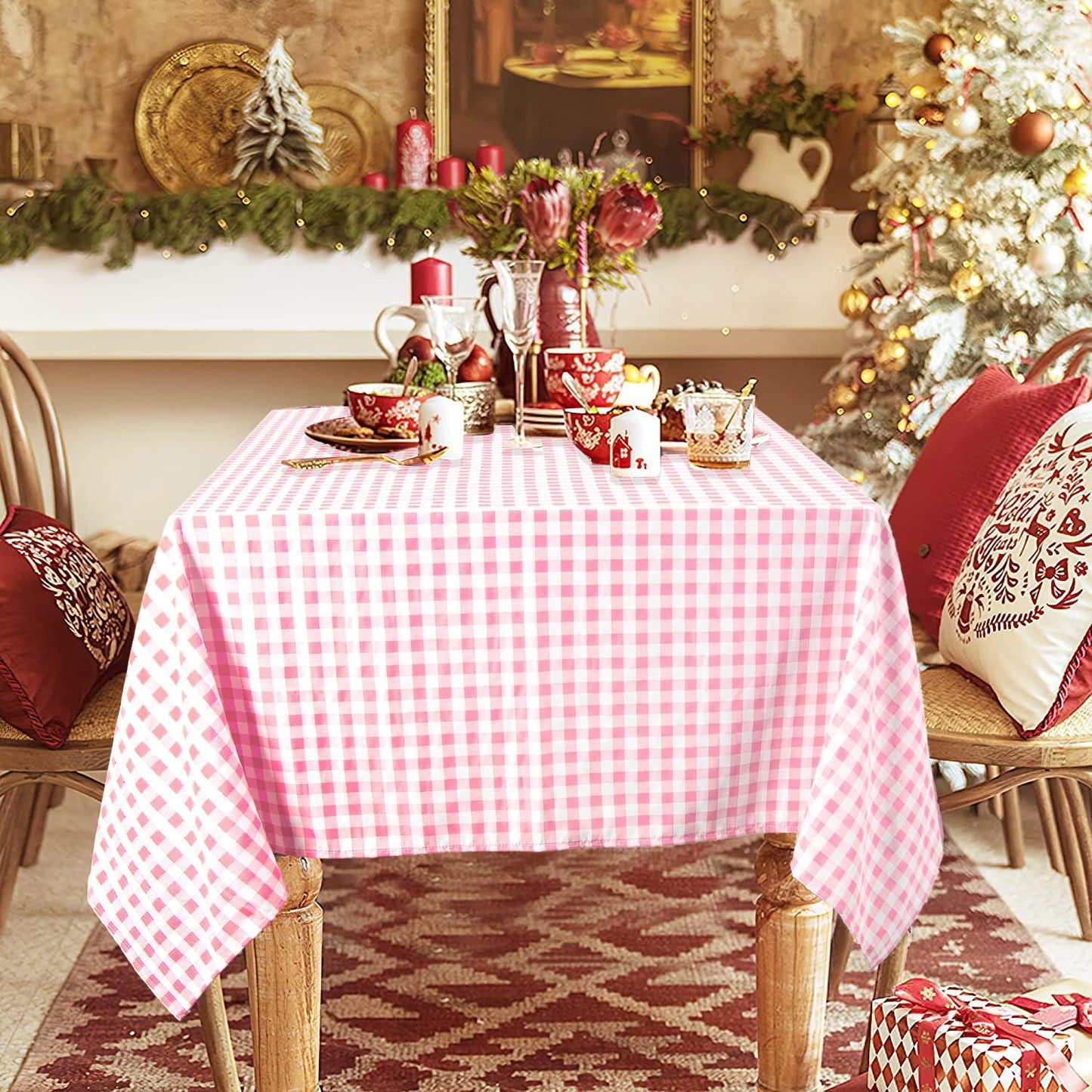 ShinyBeauty Pink Gingham Tablecloth Cotton Table Cloth 54X54 Inch Pink and White Tablecloth Check Table Cloth Square Outdoor Tablecloth Blush Pink Tablecloth Picnic Table Overlay