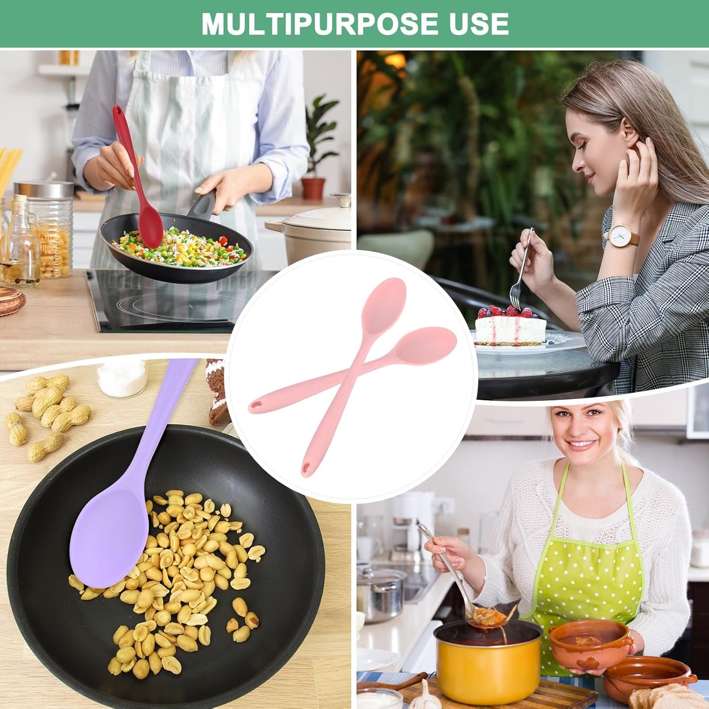 M METERXITY 2-Pack Silicone Cooking Spoons, 10.6" Mixing Nonstick Heat-Resistant Serving Spoons, Solid Utensils, Pink