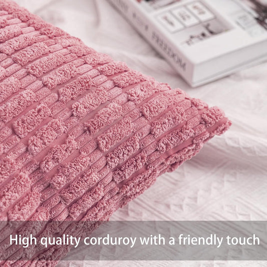 Aegero Pack of 2 Corduroy Decorative Throw Pillow Covers 18x18 Inch Soft Striped Pillow Covers Modern Farmhouse Home Decor for Sofa Living Room Couch Bed๏ผPeach Pink๏ผ