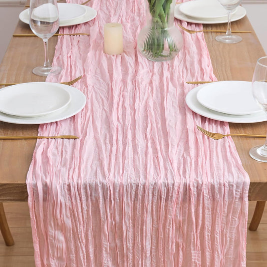 Asee'm 6pcs Cheesecloth Table Runner 120 Inches Blushing Pink Boho Gauze Cheese Cloth Runner 10FT Rustic Sheer Table Runners for Summer Wedding Baby Shower Holiday Party Decoration