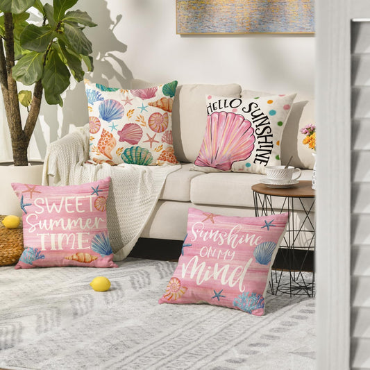 AVOIN colorlife Hello Summer Pink Shell Sunshine on My Mind Throw Pillow Covers, 18x 18 Inch Sweet Summer Time Polka Dots Cushion Case Decoration for Sofa Couch Holiday Seasonal Home Decor Set of 4