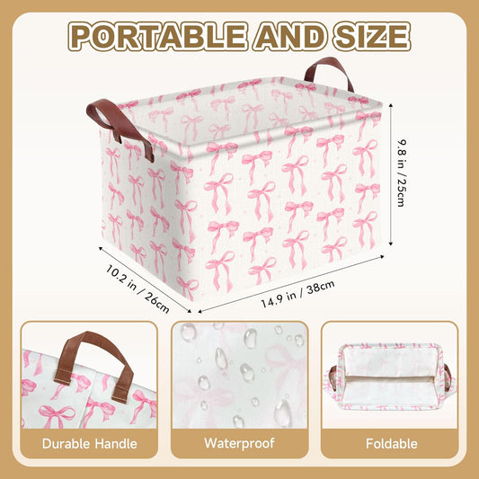 Pink Bow Storage Basket Waterproof Canvas Toy Storage Bin Coquette Room Decor Collapsible Outdoor Basket with Leather Handles Pink Bow Room Decor Blanket Baskets For Closets,Bedrooms,Gifts Baskets