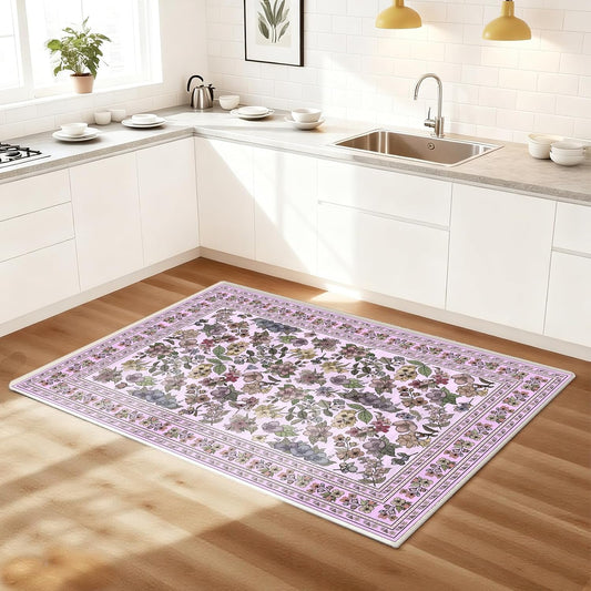 Vintage Floral Entryway Rug 2X3 Small Area Rugs Washable Door Mat Soft Low Pile Non-Slip Kitchen Rugs Stain Resistant Indoor Throw Rug for Entrance, Bedroom, Kitchen, Laundry, Bathroom Pink