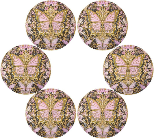 Retro Butterflies Pattern Gold and Peach Round placements Reusable placemats Washable placemats for Dining Table Table Settings for Dining Table Decor placemats Heat Resistant Waterproof Round