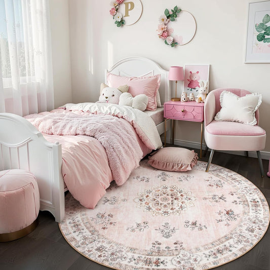 Lahome Washable Pink Round Rug 6ft, Soft Europe Vintage 6x6 Circle Rug for Nursery Girls Bedroom,Non-Slip Floral Pastel Circular Carpet for Living Room Corner Floor Home Office Decor