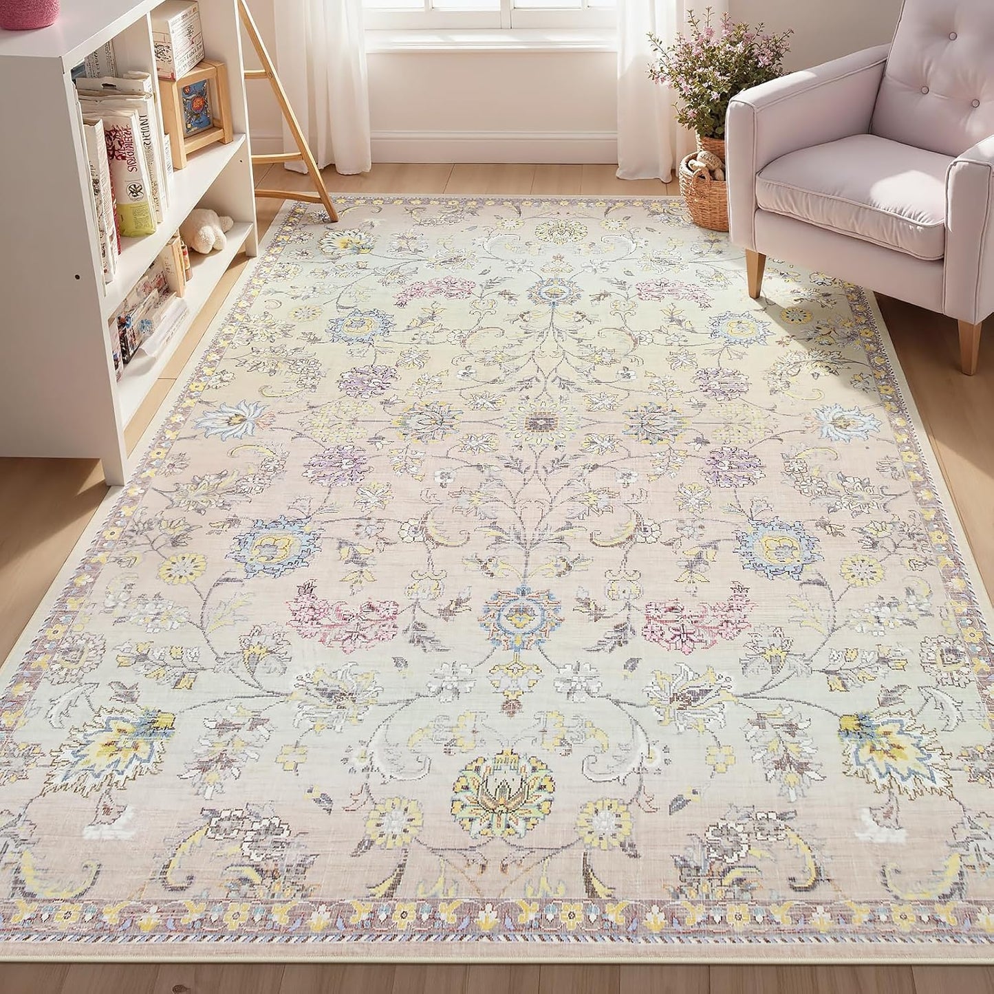 Joydeco Light Pink 5x7 Area Rugs for Bedroom Girls Nursery, Machine Washable Boho Rugs for Living Room Non Slip, Floral Soft Indoor Floor Carpet for Playroom Kids Room Dorm Classroom