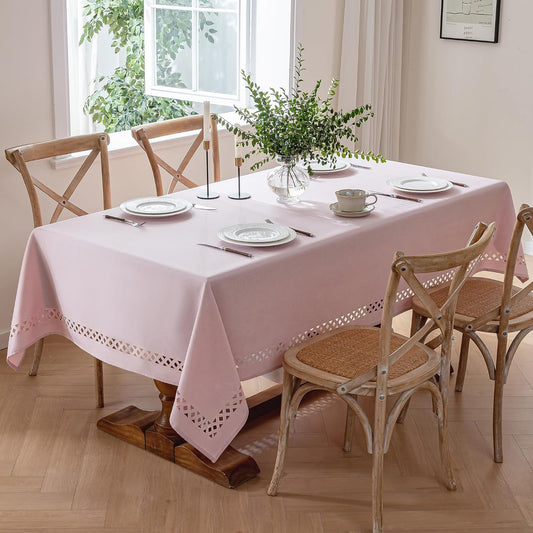 JIALE Pink Rectangle Linen Polyester Tablecloth with Decorative Cutouts, Waterproof Table Cloth Wrinkle Free Light Pink Valentines Farmhouse Dining Table Cover for Outdoor Party Camping, 55 x 70 inch