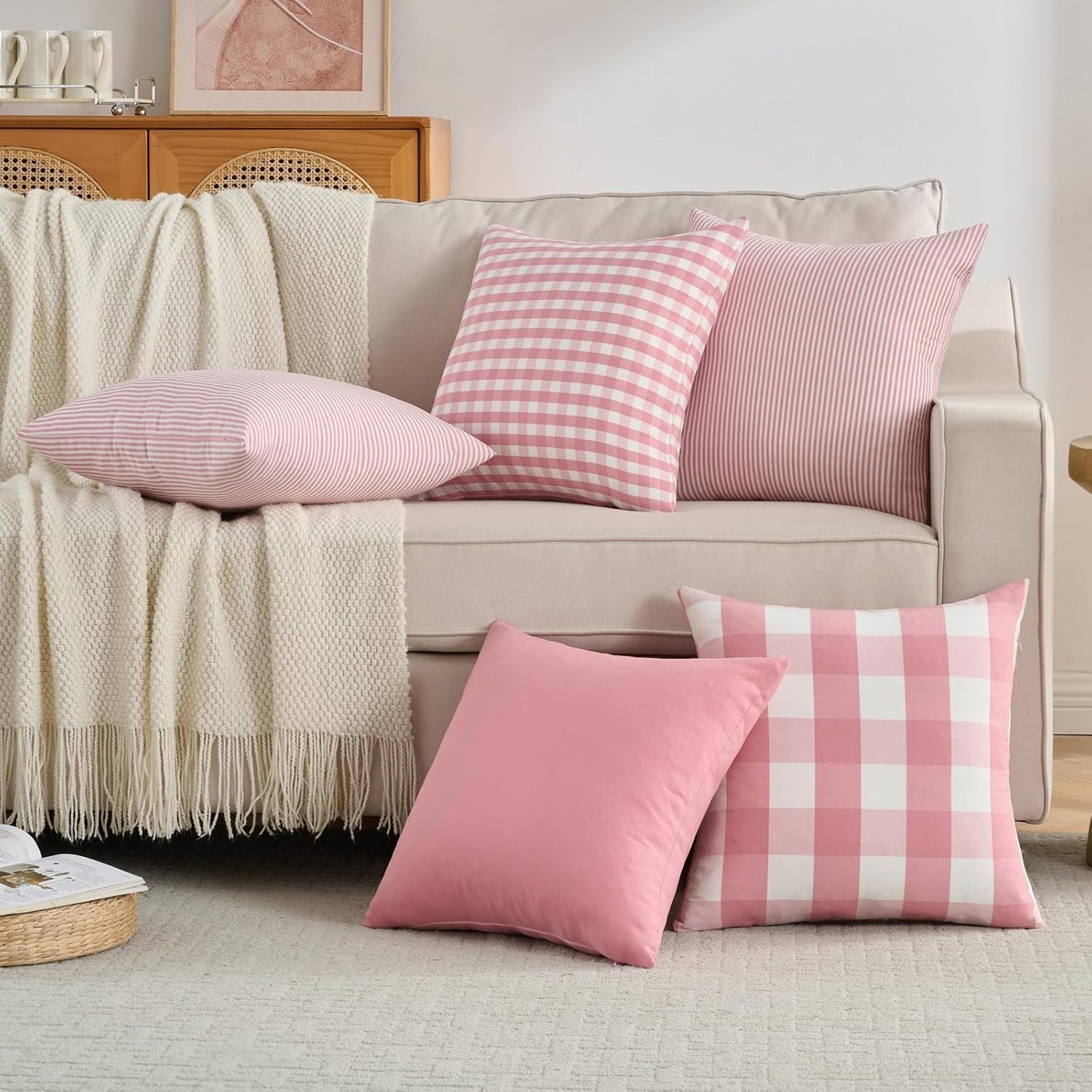 Spring Light Pink Striped Throw Pillow Covers 18x18 Set of 2, Farmhouse Outdoor Decorative Stripe Pillow Covers For Patio Furniture, Funky Blush Pink Throw Pillows 18 x 18 (No Pillow Inserts)