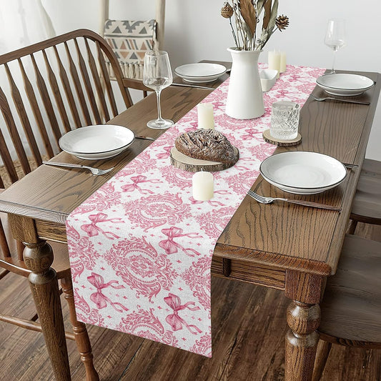 jejeloiu Pink Bow Table Runner, 13" x 72" Baroque Damask Kitchen Dining Table Decoration for Home Party, Vintage Goth Art Home Decor for Living Room Dresser Scarfs Dresser Runners for Bedroom