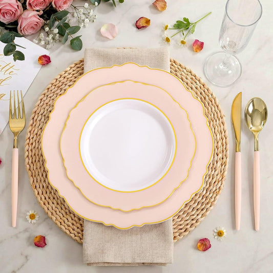 WDF 30Guest Pink Plates Disposable - Hign-end Baroque Design - Gold Plastic Silverware with Handle-Baroque Pink &Gold Plastic Dinnerware for Baby Shower/Wedding/Birthday/Party