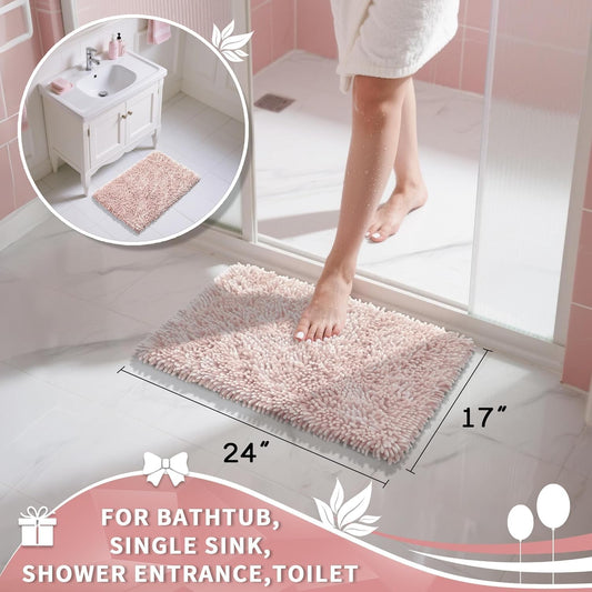 Yimobra Chenille Bathroom Rugs Non Slip, Extra Thick Soft Absorbent Bath Rug, Machine Washable Quick Dry Bath Mat for Bathroom Floor, Tub and Shower, Home Decor Accessories, 24x17, Pink