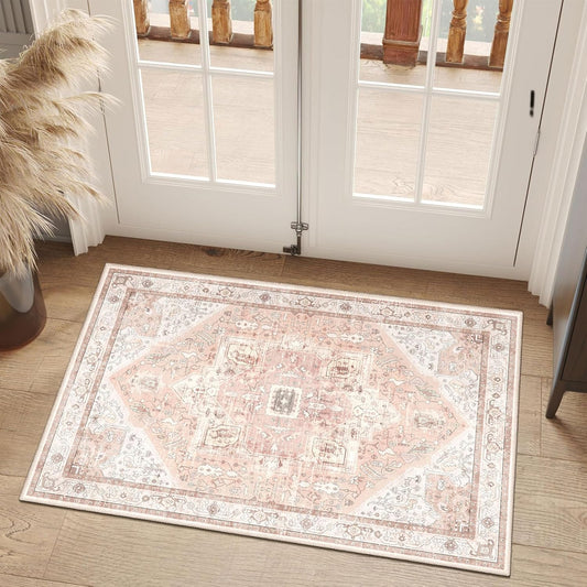 MUJOO Pink Small Rug Washable,Boho Area Rugs for Bathroom Entryway Entry Entrance Bedroom,Front Door Mat Non Slip Soft Carpet Indoor Vintage Blush and White Floral 2'x3'